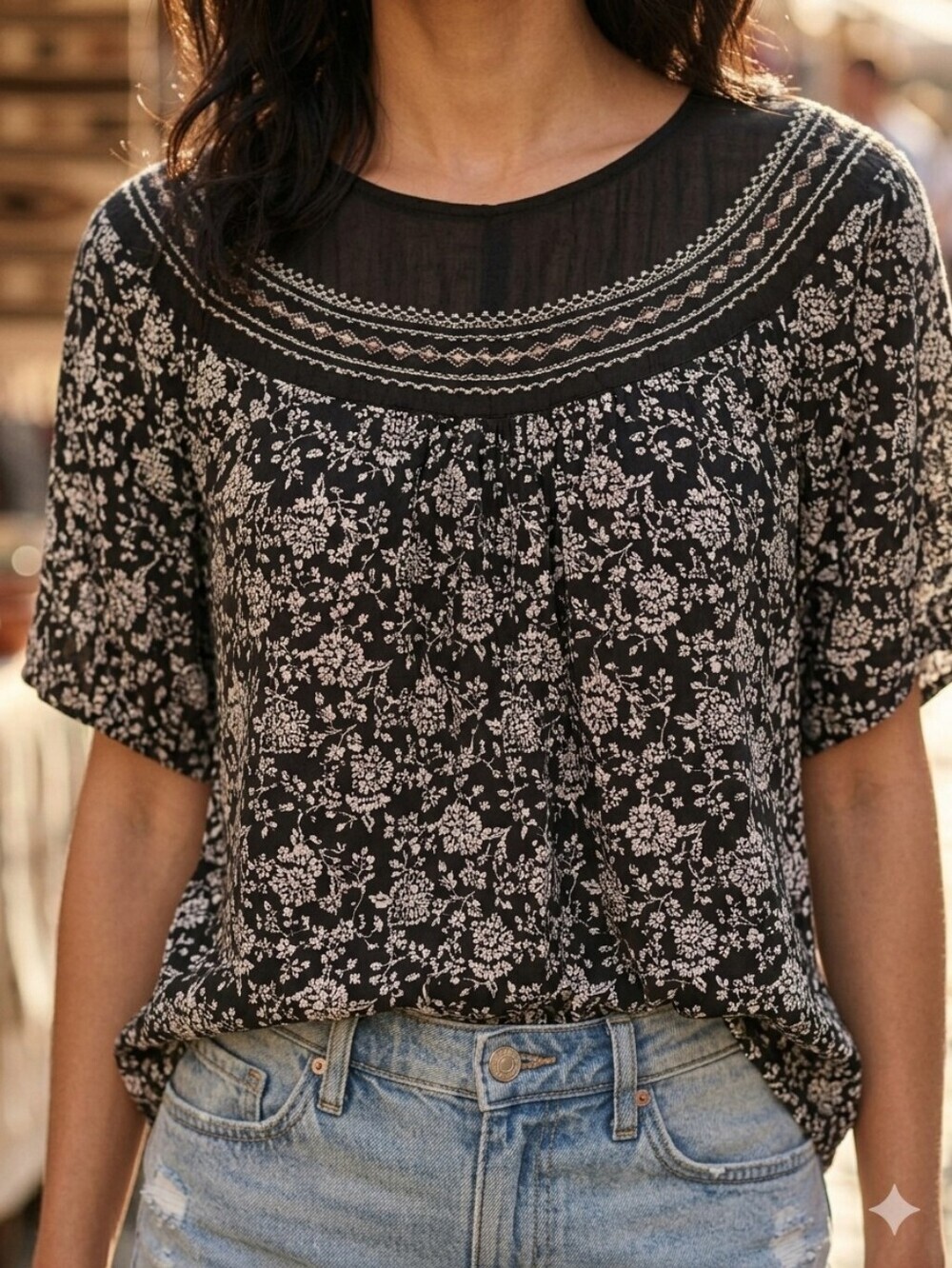 Lucky Brand Women's Feminine Black Floral Embroidered Shirt Size Small